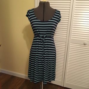 Navy blue and turquoise striped maternity dress